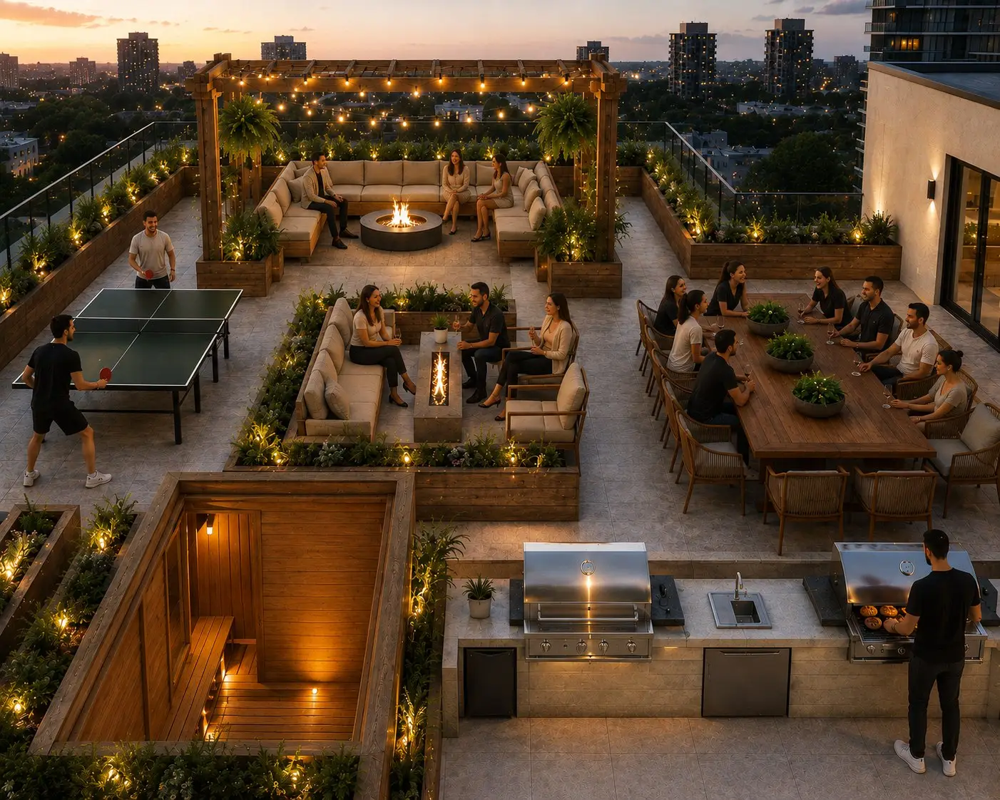 M//44 rooftop — sauna, ping pong, grills and communal dining at dusk