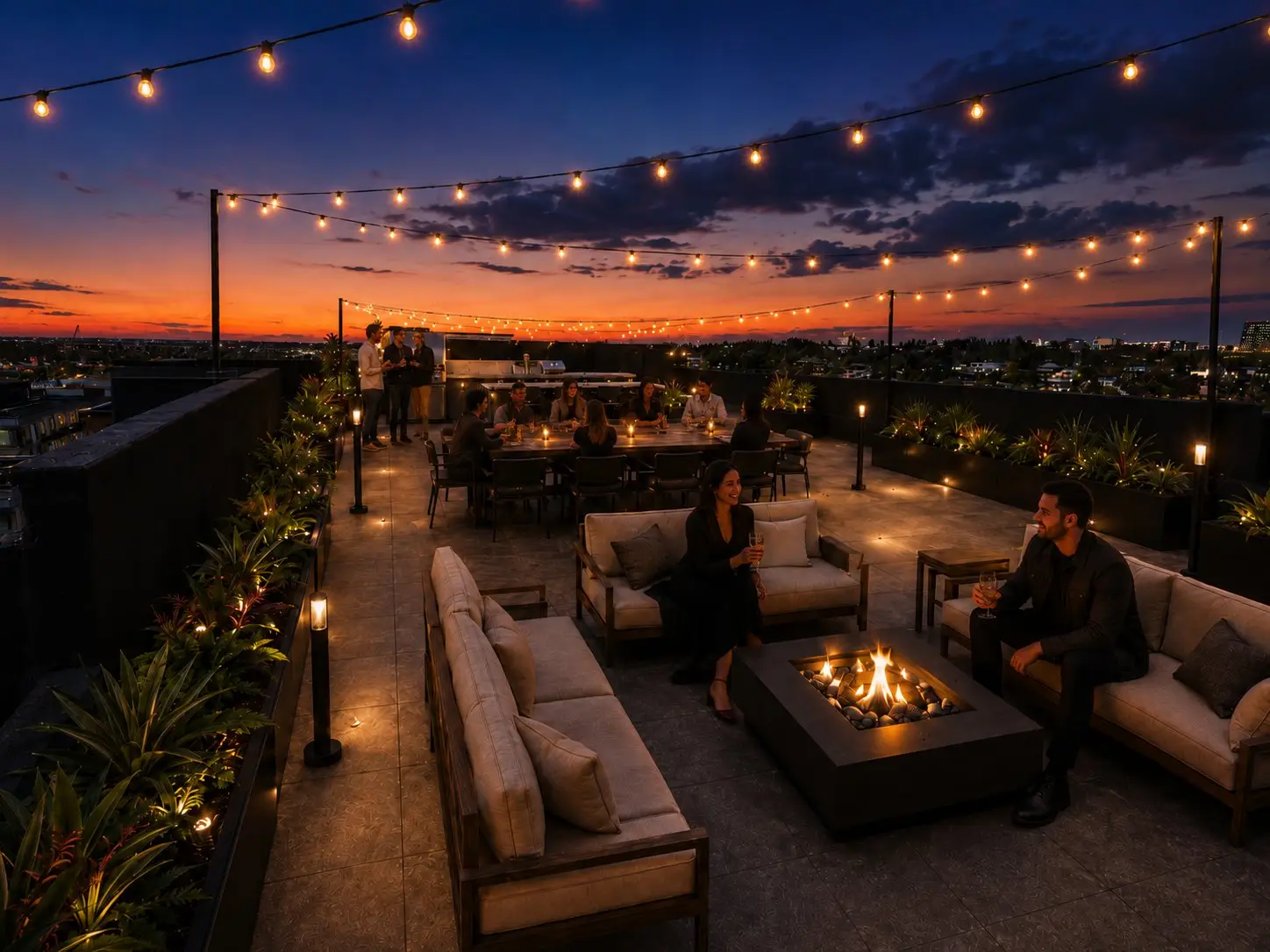 The Sky Patio at M//44 — fire tables and communal dining at sunset