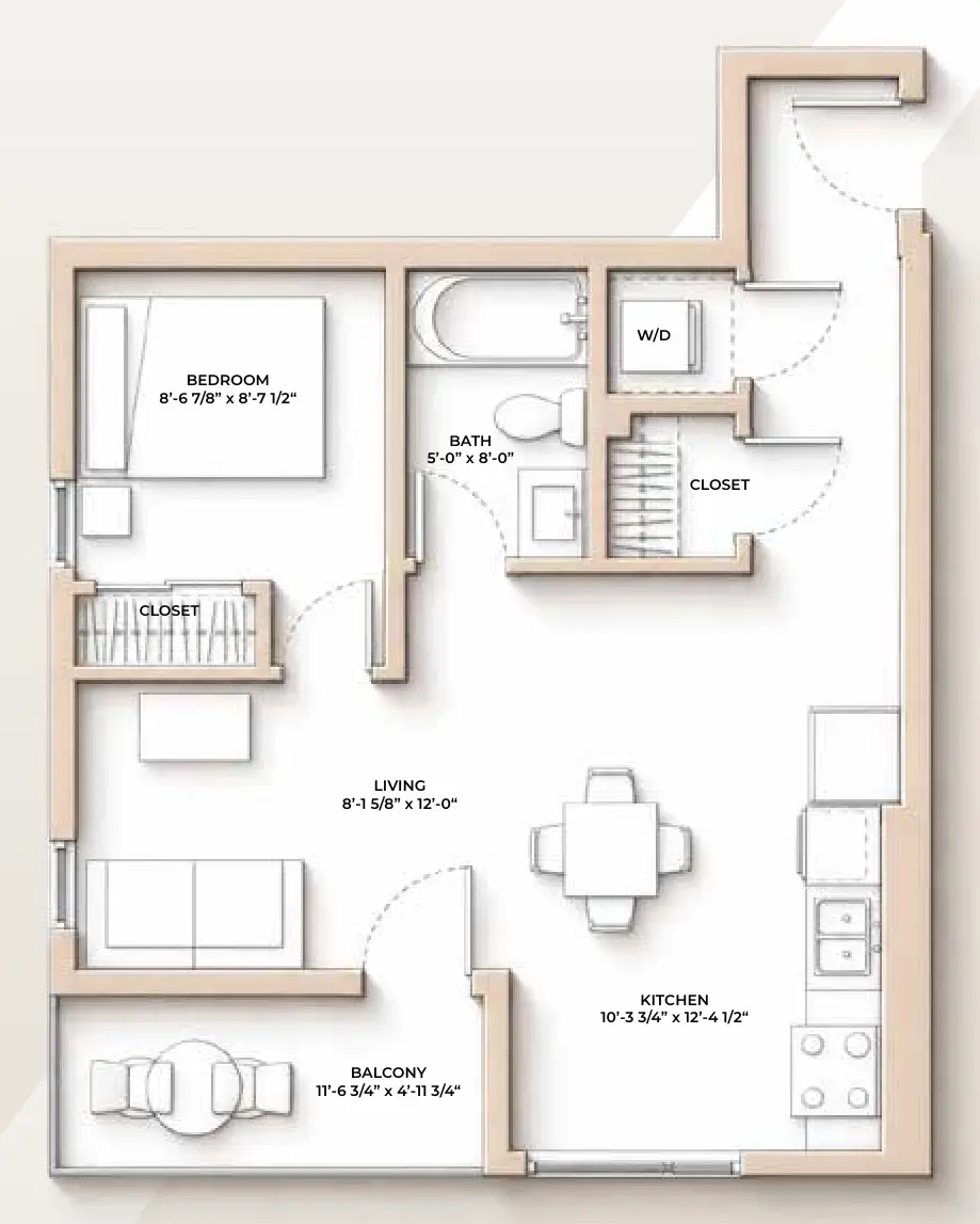 M//44 BAKER floor plan - 581 sq ft, 1 Bedroom, 1 Bathroom