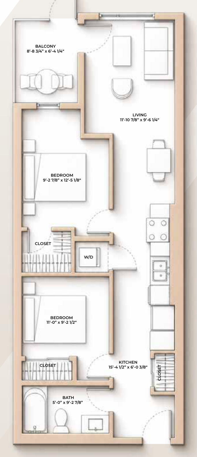 M//44 BOW floor plan - 738 sq ft, 2 Bedroom, 1 Bathroom