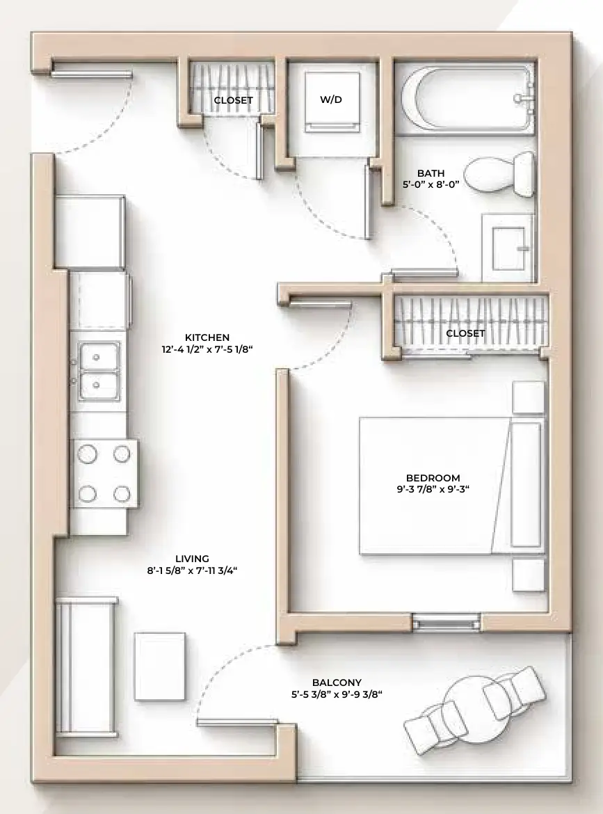M//44 BOWMONT floor plan - 453-455 sq ft, 1 Bedroom, 1 Bathroom