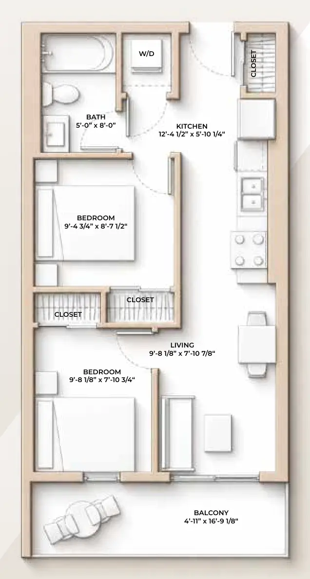 M//44 EDWORTHY floor plan - 523-524 sq ft, 2 Bedroom, 1 Bathroom