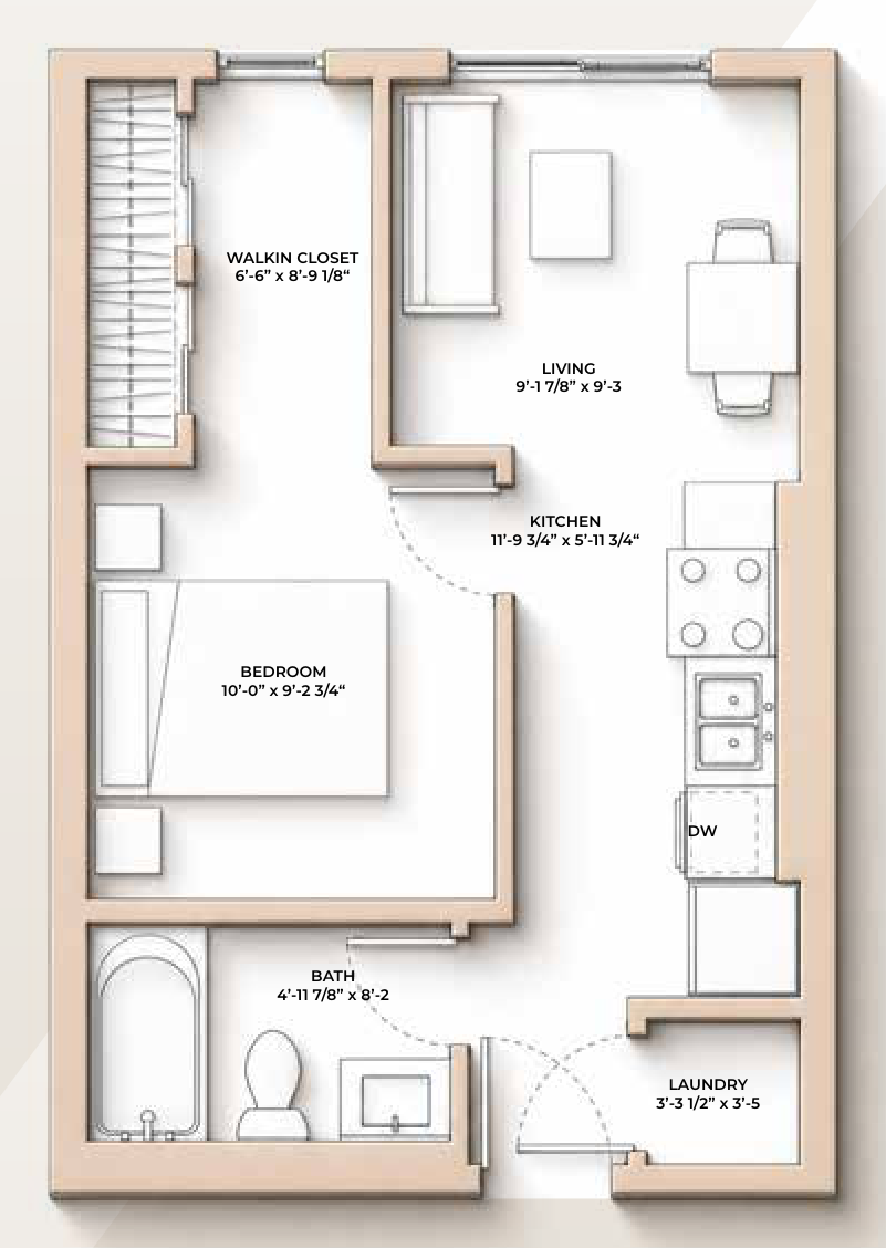 M//44 HEXTALL floor plan - 444 sq ft, 1 Bedroom, 1 Bathroom
