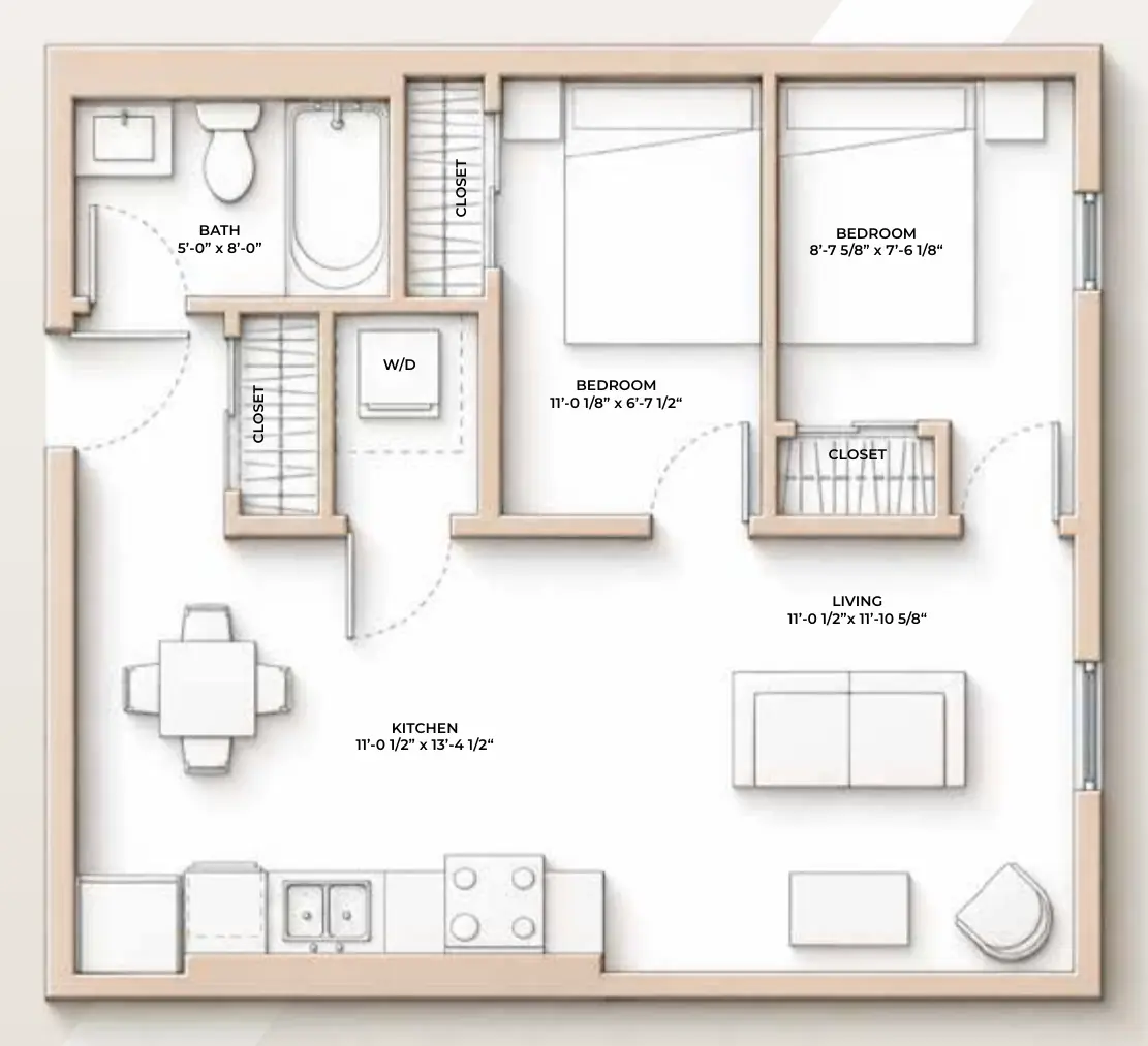 M//44 PAL floor plan - 621-622 sq ft, 2 Bedroom, 1 Bathroom