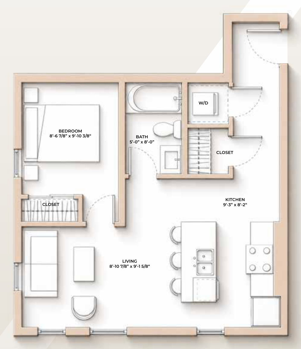 M//44 PARKS floor plan - 601 sq ft, 1 Bedroom, 1 Bathroom