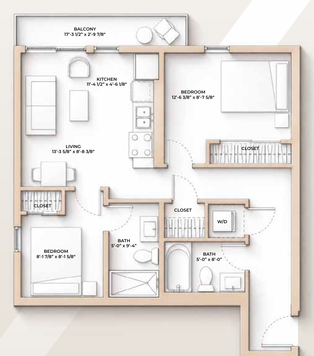 M//44 RENAISSANCE floor plan - 732 sq ft, 2 Bedroom, 2 Bathroom