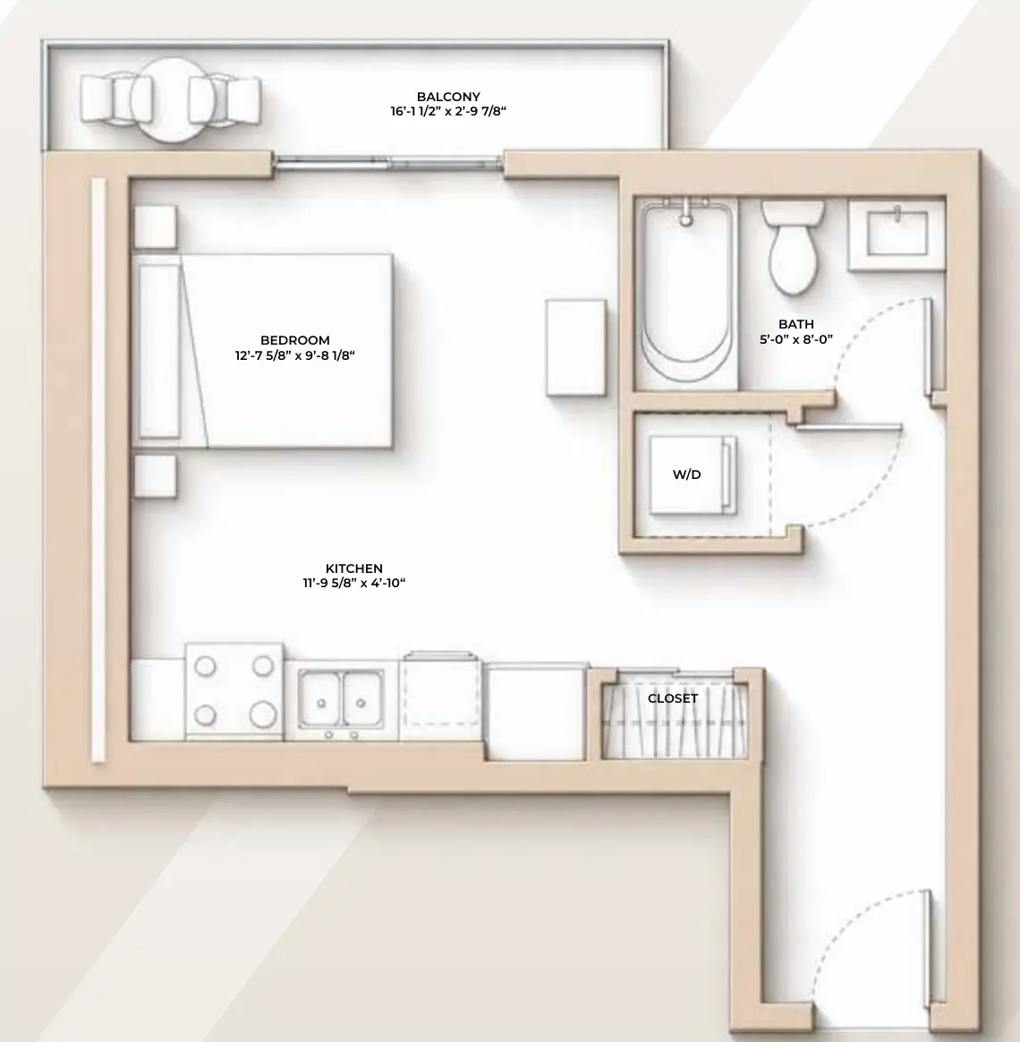 M//44 RIVER floor plan - 417-418 sq ft, Studio, 1 Bathroom