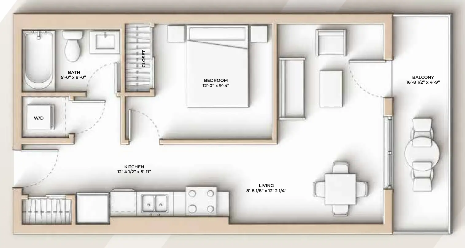 M//44 STONE floor plan - 524 sq ft, 1 Bedroom, 1 Bathroom