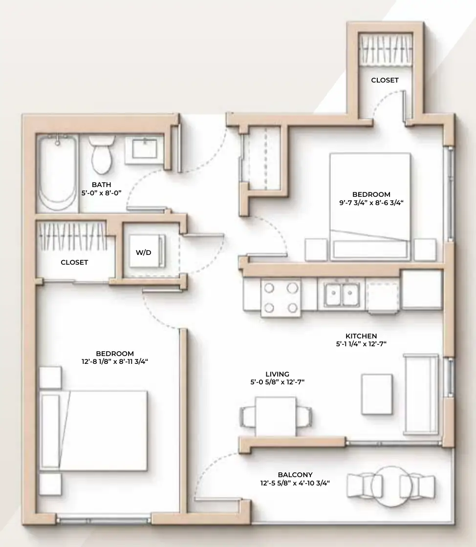 M//44 TERRACE floor plan - 621 sq ft, 2 Bedroom, 1 Bathroom